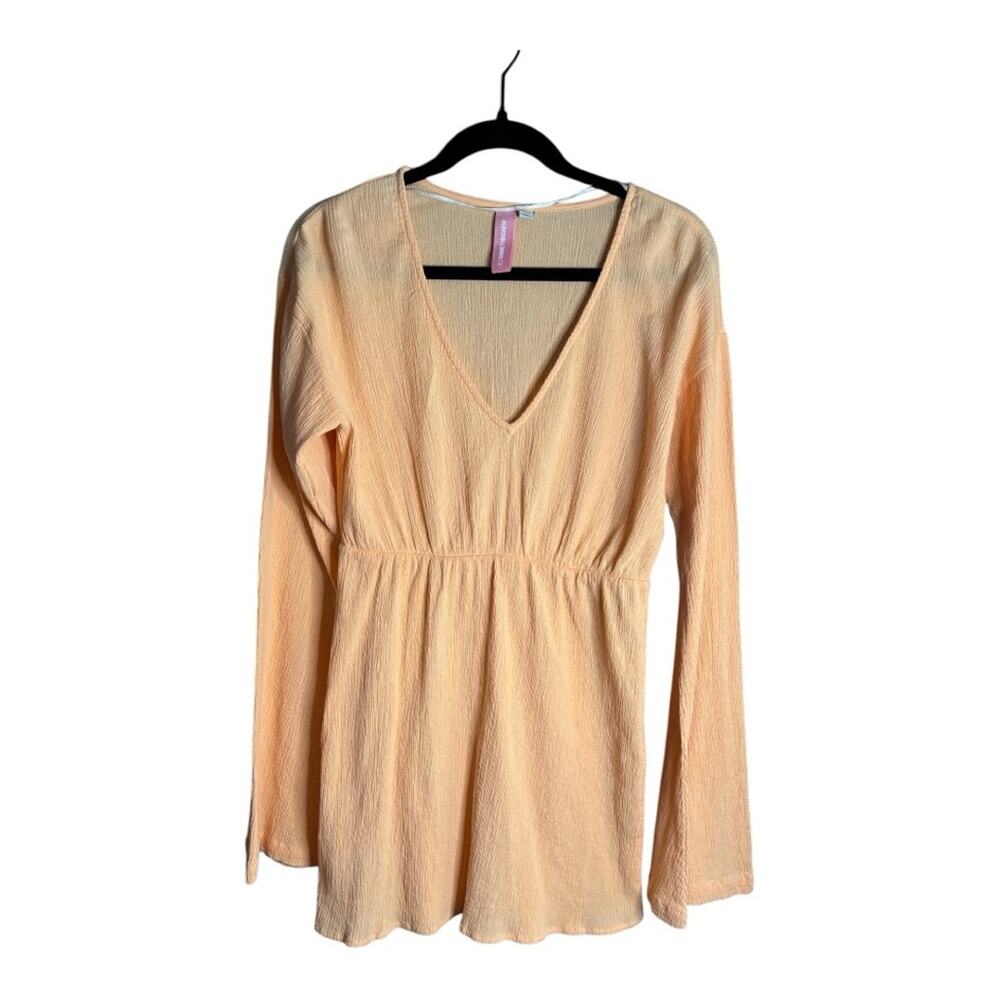 Something New Peach Color Long Sleeve V Neck Mini Dress Small